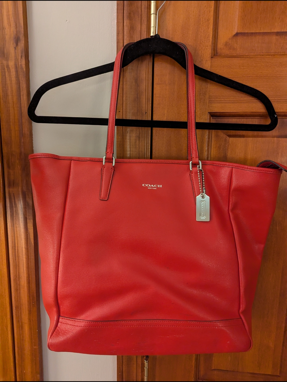 Coach Red North South Saffiano Leather Tote with Silver Hang Tag